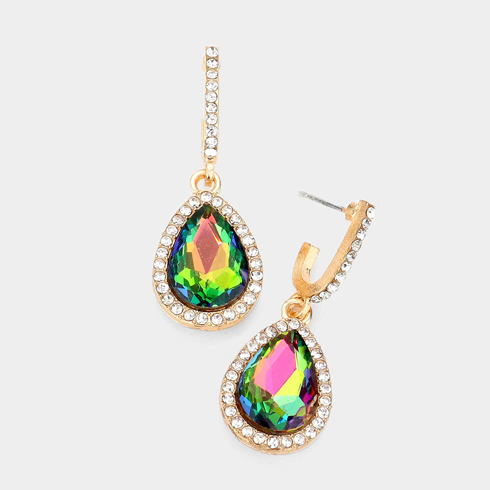 Multi-color teardrop rhinestone trim dangle earrings on gold on white background