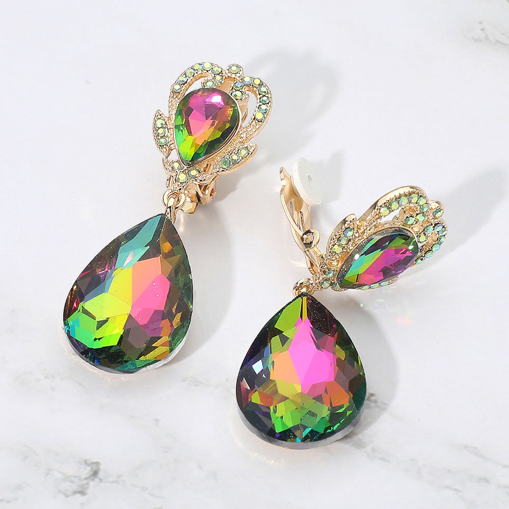 Multi Color faceted teardrop stone clip-on earrings on gold. Top stone is elegantly surrounded by an array of multi colored rhinestones in a flower like setting. 
