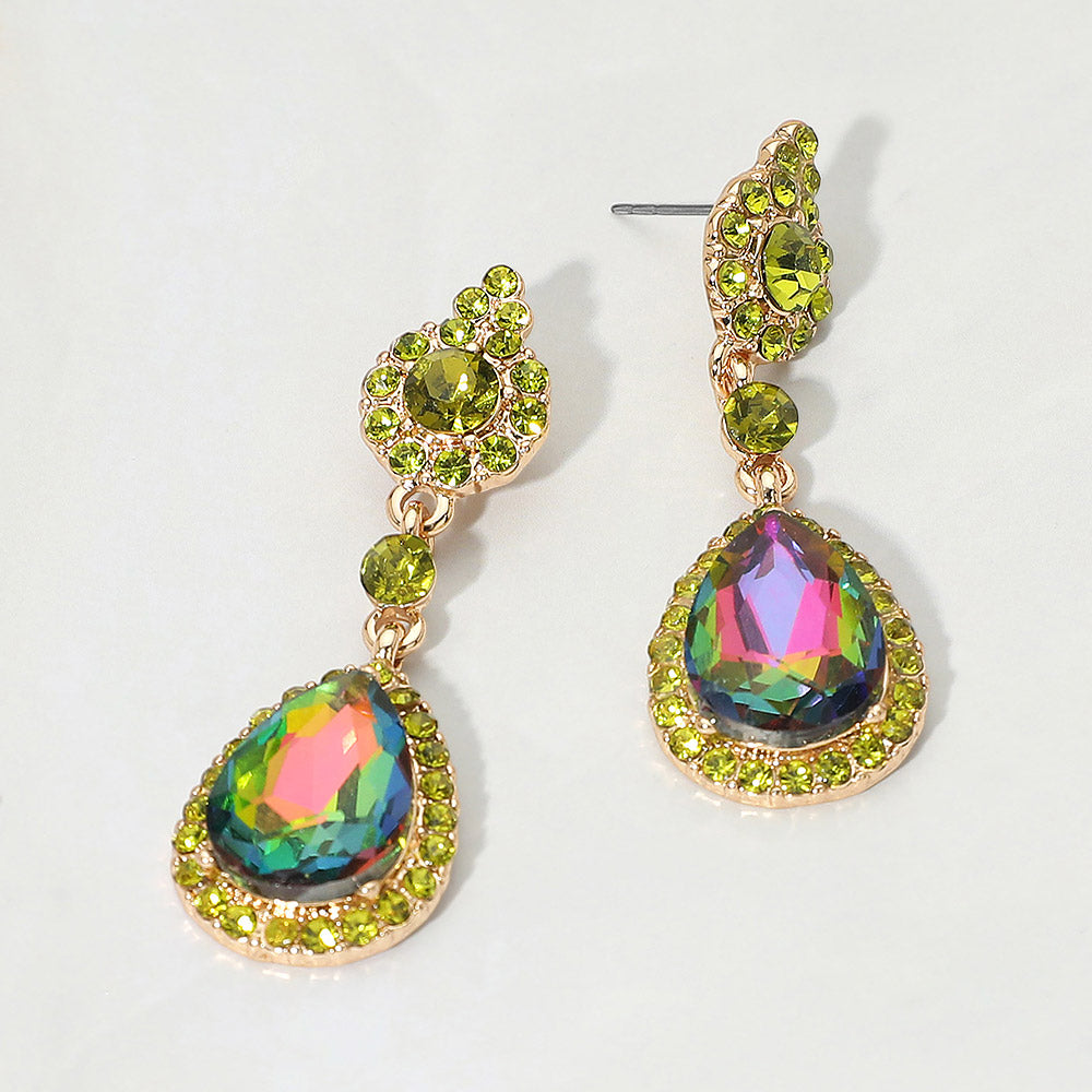 Multi-color teardrop vintage crystal drop formal and evening earrings on gold on white background