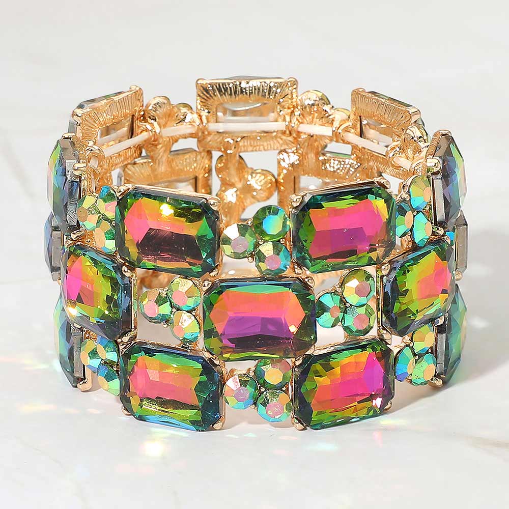 Multi-Color wide emerald cut crystal stretch bracelet on gold on white background