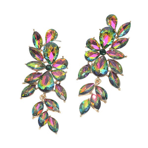 Multi-Color crystal marquise statement earrings on gold with a cascading arrangement of faceted marquise stones, displayed on a white background.