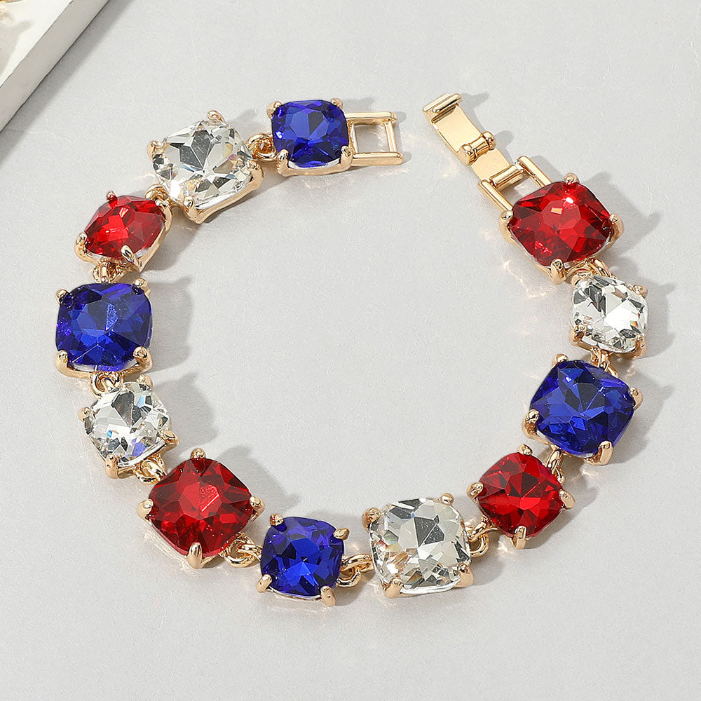 Multi Color Cushion Square Stone Link Bracelet Gold Backed on a white background