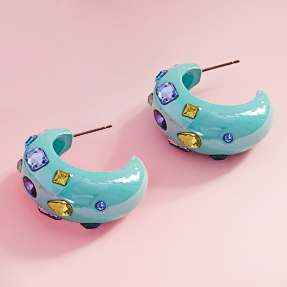 Multi Color Stone Chunky Half Hoop Earrings on Mint – Fun Fashion Style 1.25" |  628533