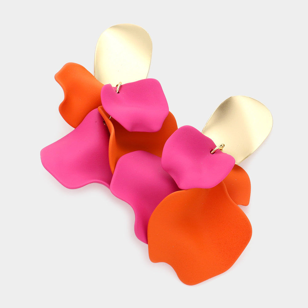 Multi red & pink layered petal cluster statement drop fun fashion earrings on gold on a white background