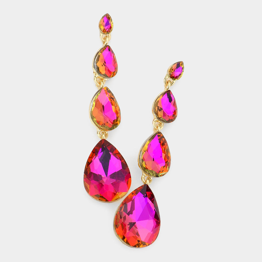 Multi Size Purple AB Teardrop Dangle Pageant Earrings on Gold | 569300