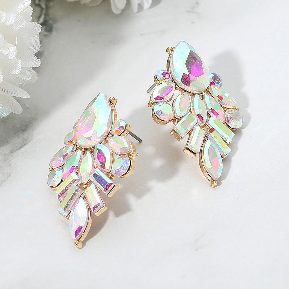 Multi stone AB crystal evening earrings on gold on white background