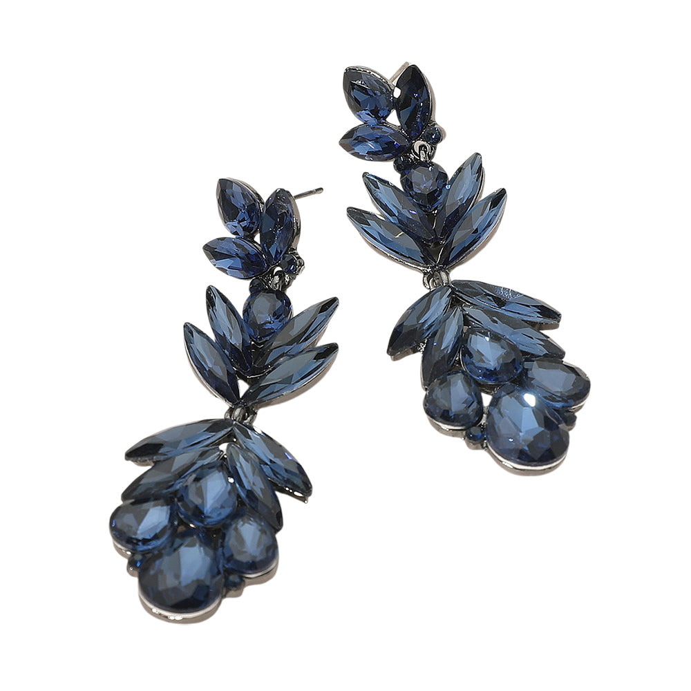 Navy and Black Crystal Earrings with Petal Shaped Features gold backed on a white background