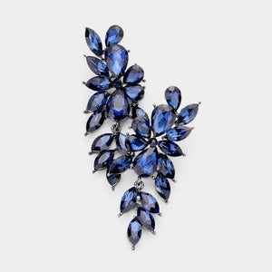 Navy crystal marquise statement earrings on silver with a cascading arrangement of faceted marquise stones, displayed on a white background.