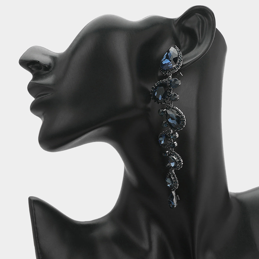Navy long teardrop stone cluster drop evening earrings on silver on a black mannequin ear