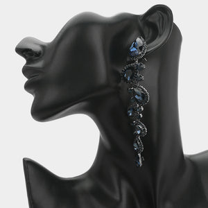 Navy long teardrop stone cluster drop evening earrings on silver on a black mannequin ear