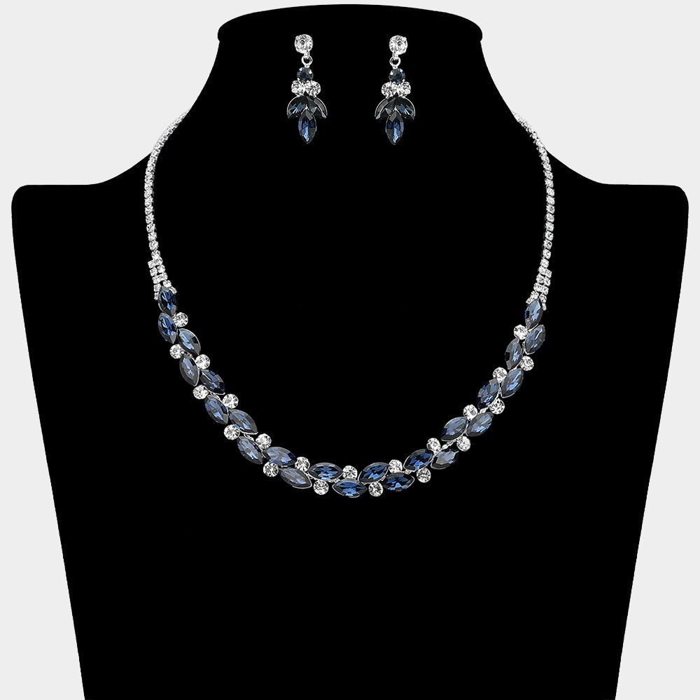 Navy Round Marquise Rhinestone Necklace on a black mannequin bust on a white background