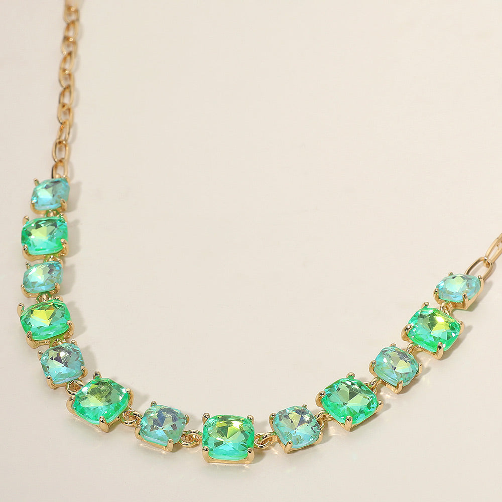 Necklace with square neon ab mint gemstones on a white background