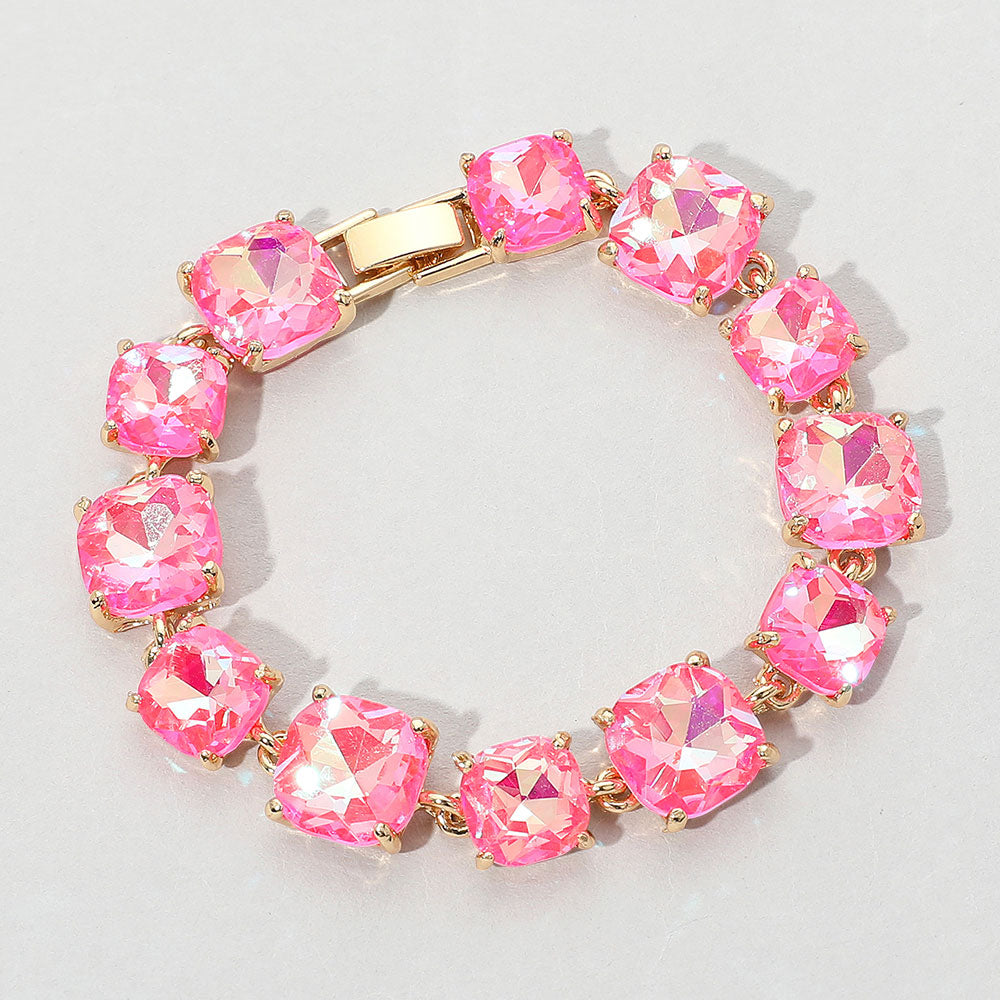 Neon Fuchsia AB Cushion Square Stone Link Evening on Gold-Pageant-Prom-Special Occasion