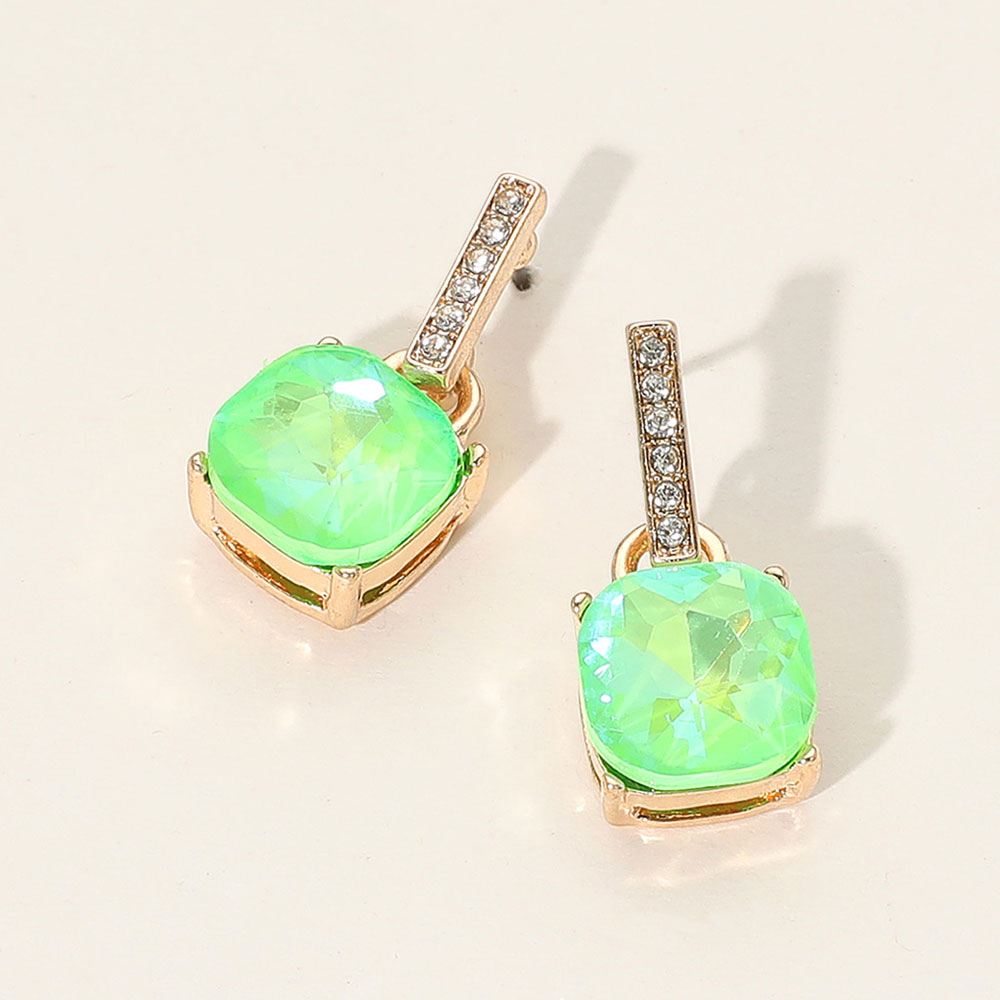 Neon Green crystal cushion square dangle earrings on gold with a large cushion-cut stone suspended from a narrow crystal-lined bar, displayed on a white background.