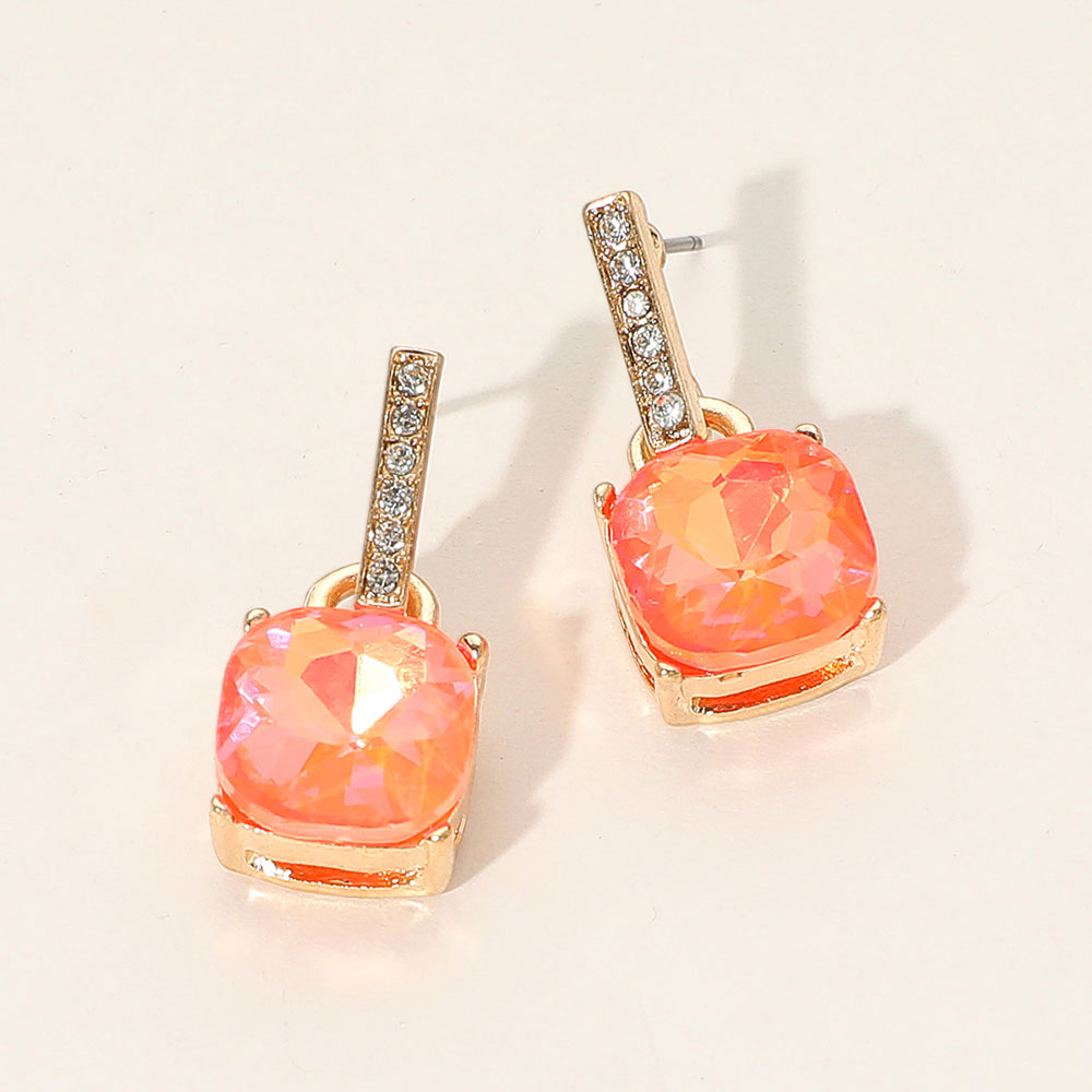 Neon Orange crystal cushion square dangle earrings on gold with a large cushion-cut stone suspended from a narrow crystal-lined bar, displayed on a white background.