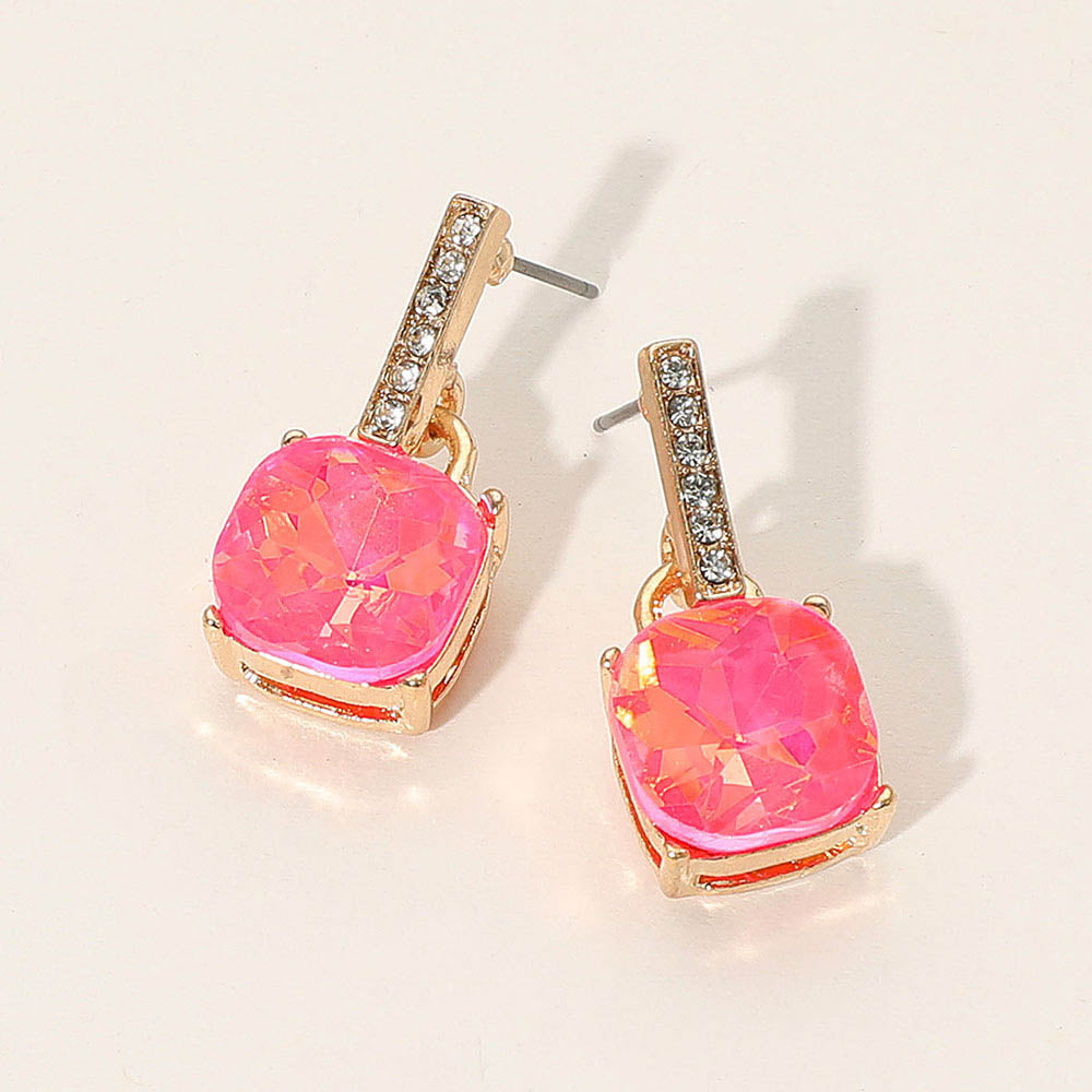 Neon Pink crystal cushion square dangle earrings on gold with a large cushion-cut stone suspended from a narrow crystal-lined bar, displayed on a white background.
