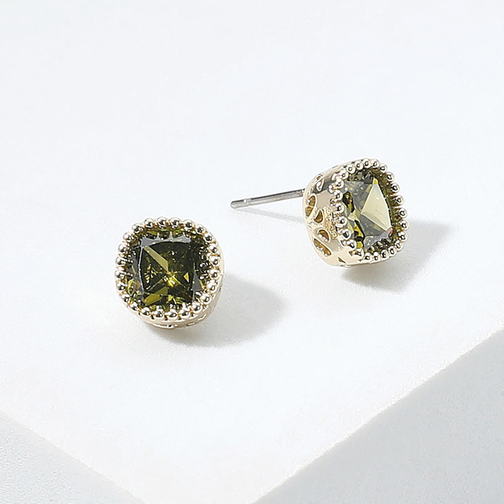 Olive Green square CZ stud earrings on gold displayed on white background