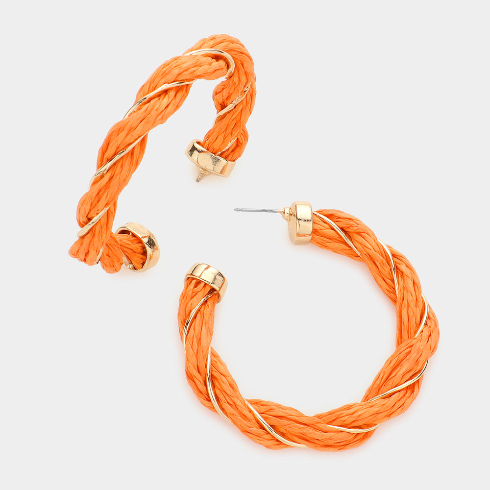 Orange Braided with Raffaia and Gold wire half hoop earrings on a white background 2.3"