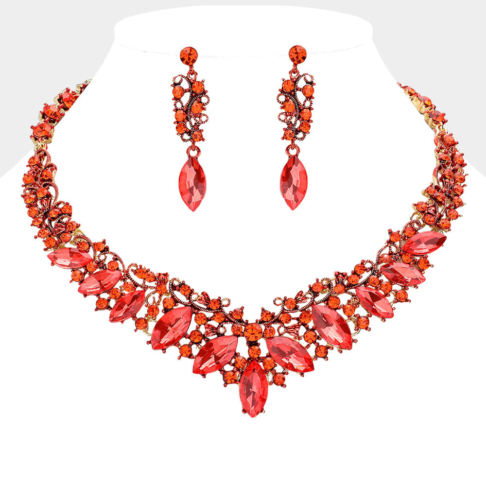 Orange marquise crystal statement necklace set on gold displayed on white background