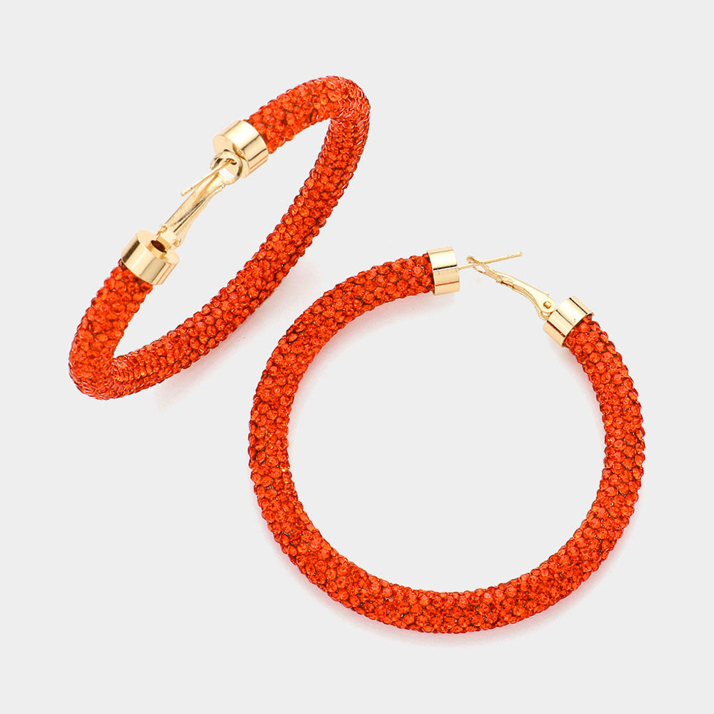 Orange Rhinestone Hoop Earrings gold clasps white background
