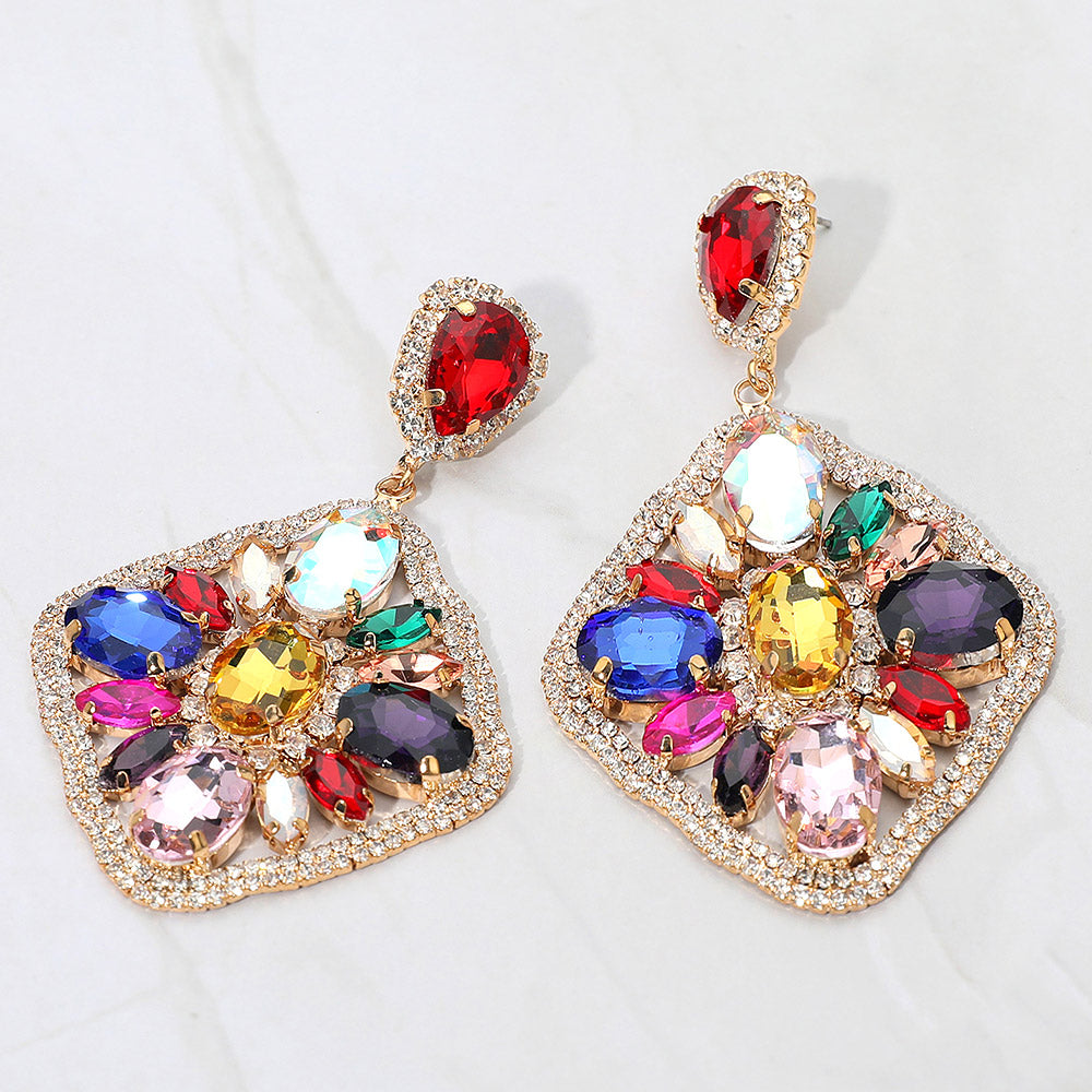 Multi-Color Oval Marquise Stone Cluster Rhinestone Statement Earrings – Glam Evening & Pageant Jewelry |  680466
