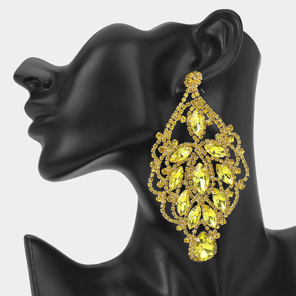 Over Sized Yellow Crystal and Rhinestone Statement Earrings on Gold |  684306