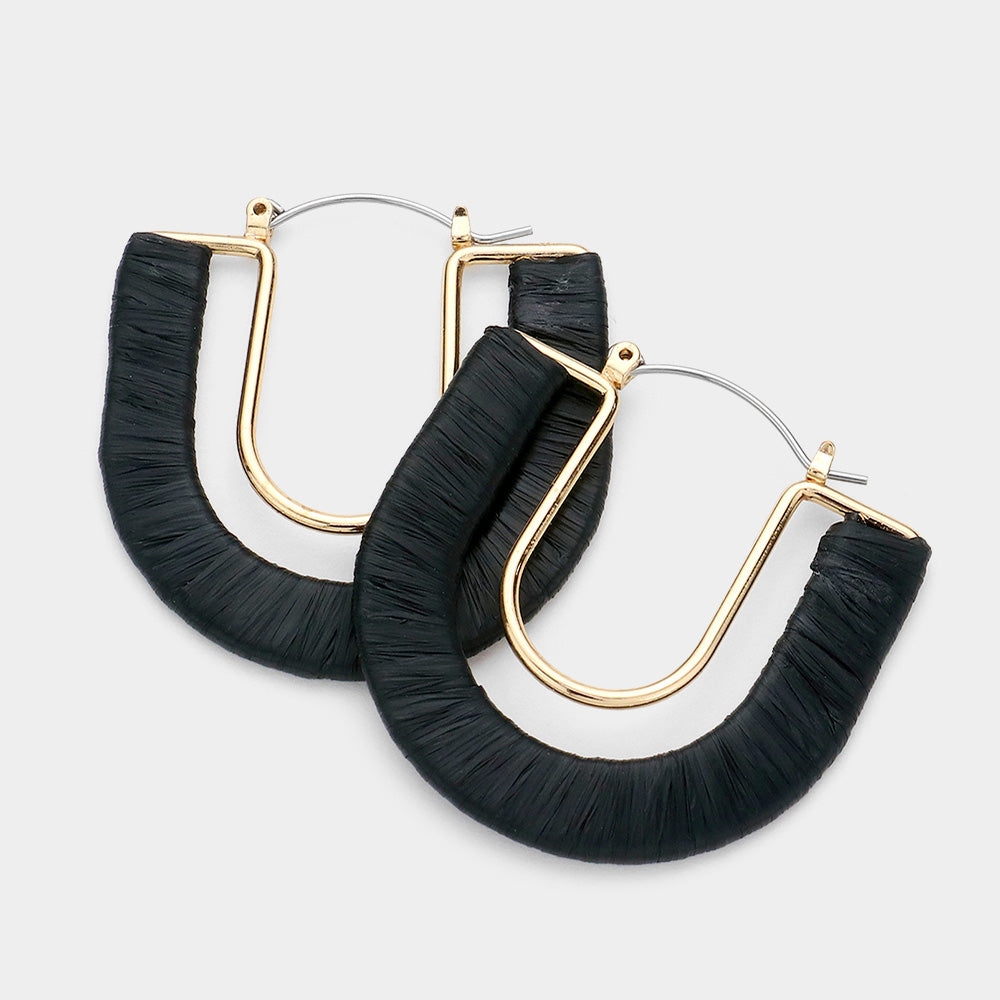 Black Raffia Wrapped U Shape Fun Fashion Earrings | Headshot Earrings | 613912