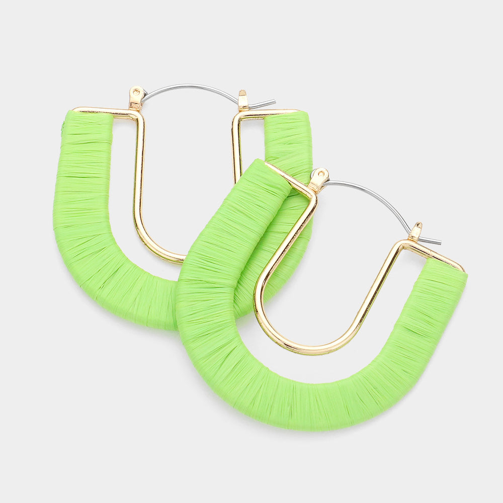 Green Raffia Wrapped U Shape Fun Fashion Earrings | Headshot Earrings
