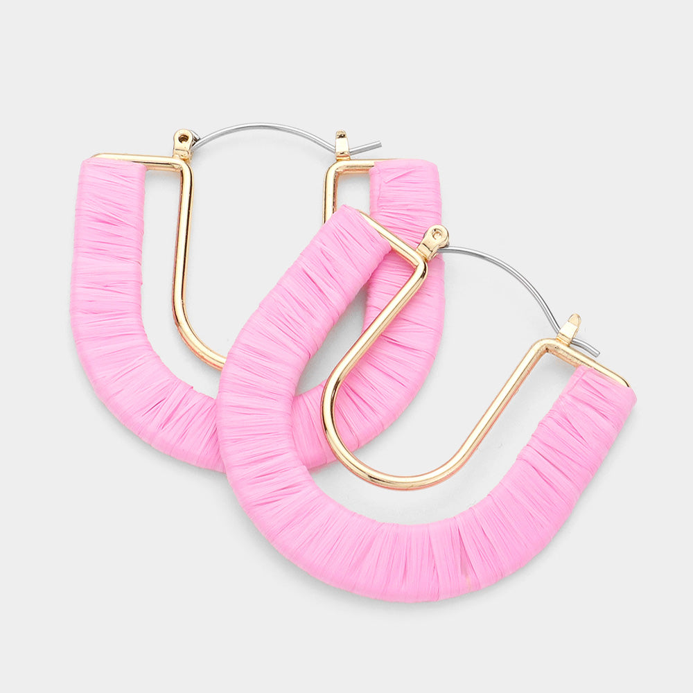 Light Pink Raffia Wrapped U Shape Fun Fashion Earrings | Headshot Earrings