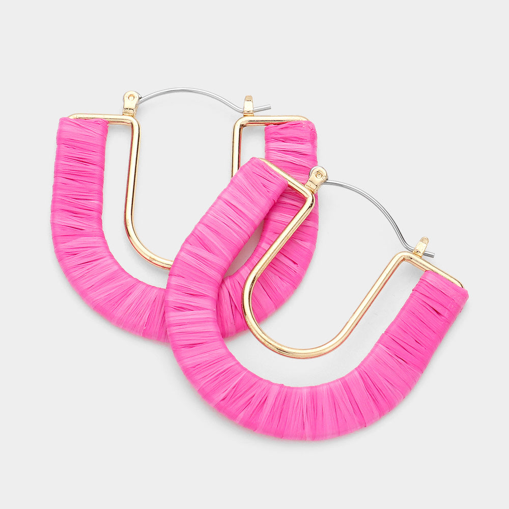 Pink Raffia Wrapped U Shape Fun Fashion Earrings | Headshot Earrings