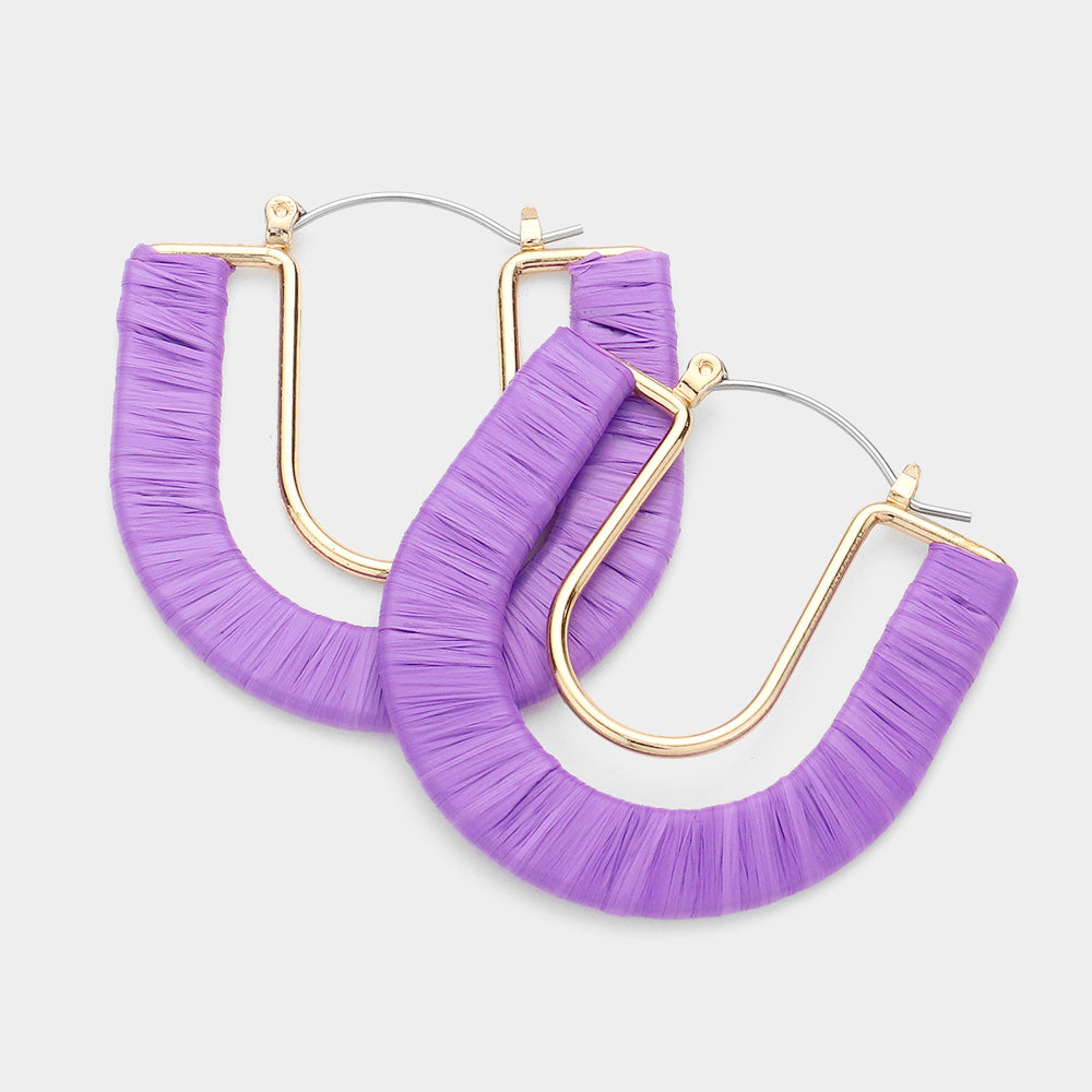 Purple Raffia Wrapped U Shape Fun Fashion Earrings | Headshot Earrings