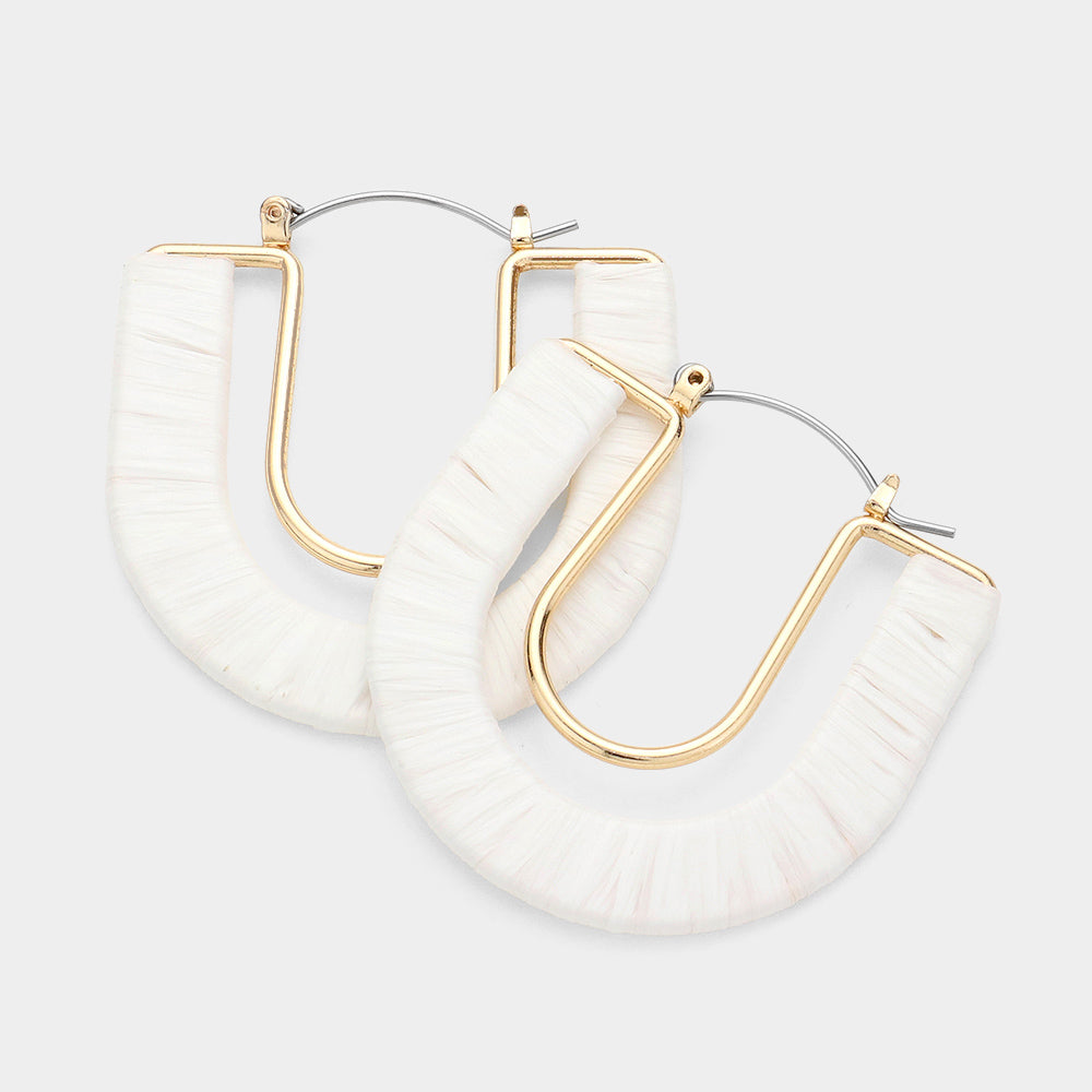 White Raffia Wrapped U Shape Fun Fashion Earrings | Headshot Earrings