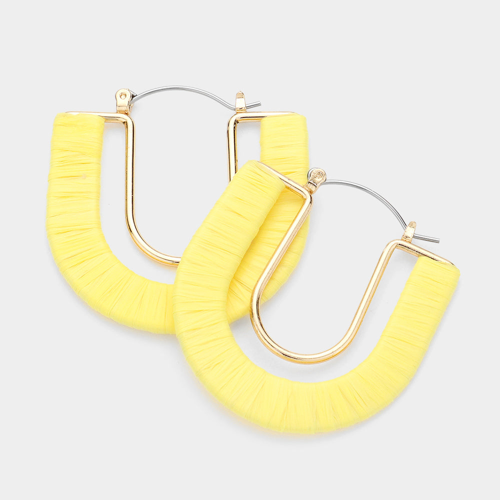 Yellow Raffia Wrapped U Shape Fun Fashion Earrings | Headshot Earrings