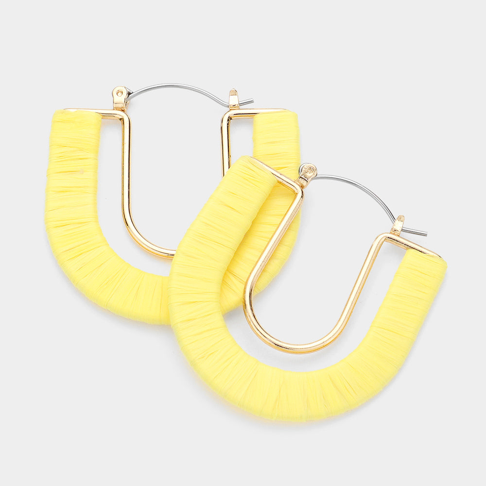 Yellow Raffia Wrapped U Shape Fun Fashion Earrings | Headshot Earrings