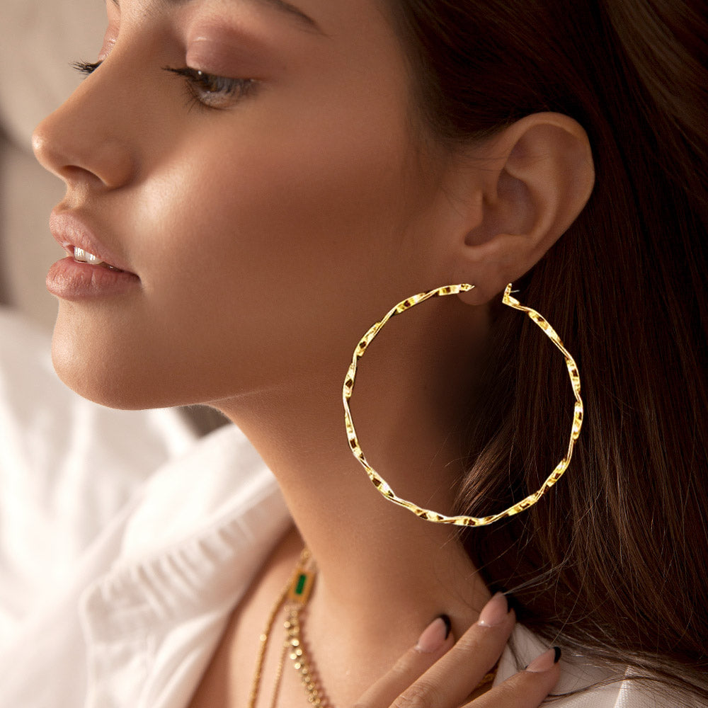 Twisted Gold Metal Pin Catch Hoop Earrings | 3" | Swimsuit Earrings