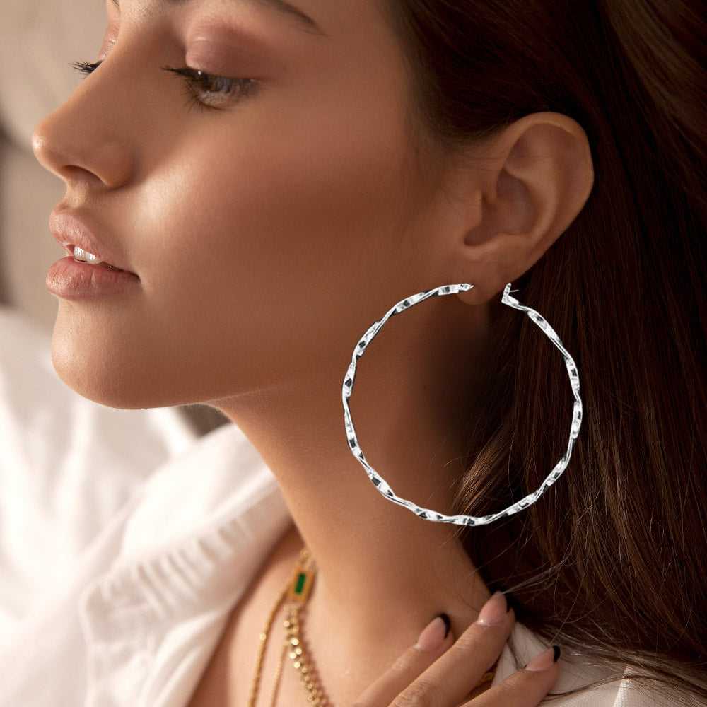 Twisted Silver Metal Pin Catch Hoop Earrings | 3" | Swimsuit Earrings