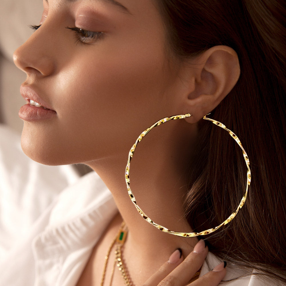 Twisted Gold Metal Pin Catch Hoop Earrings | 4" | Swimsuit Earrings |  660124
