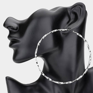 Twisted Silver Metal Pin Catch Hoop Earrings | 4" | Swimsuit Earrings |  660125