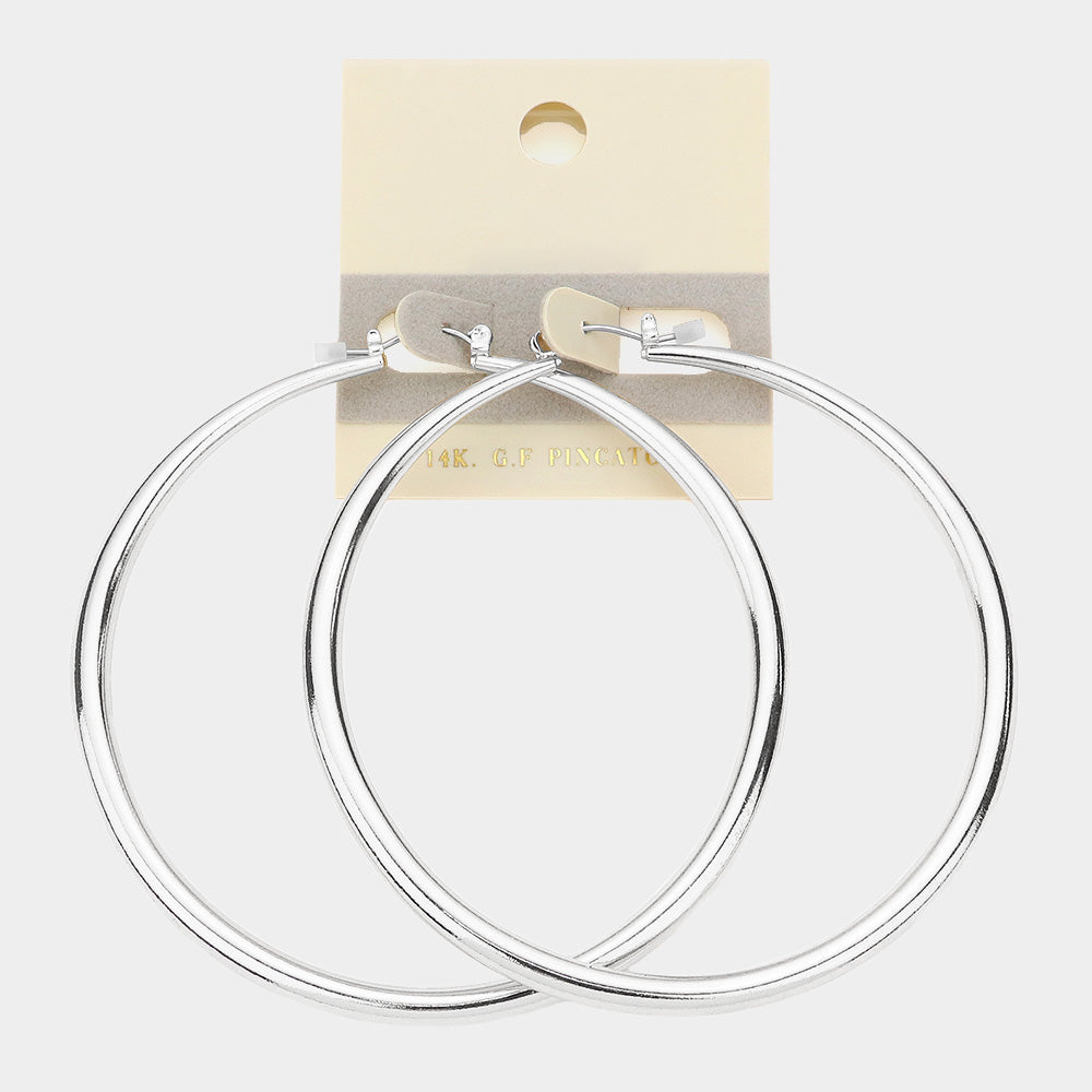 14K White Gold Filled Silver Metal Hoop Pin Catch Earrings | 3.25"