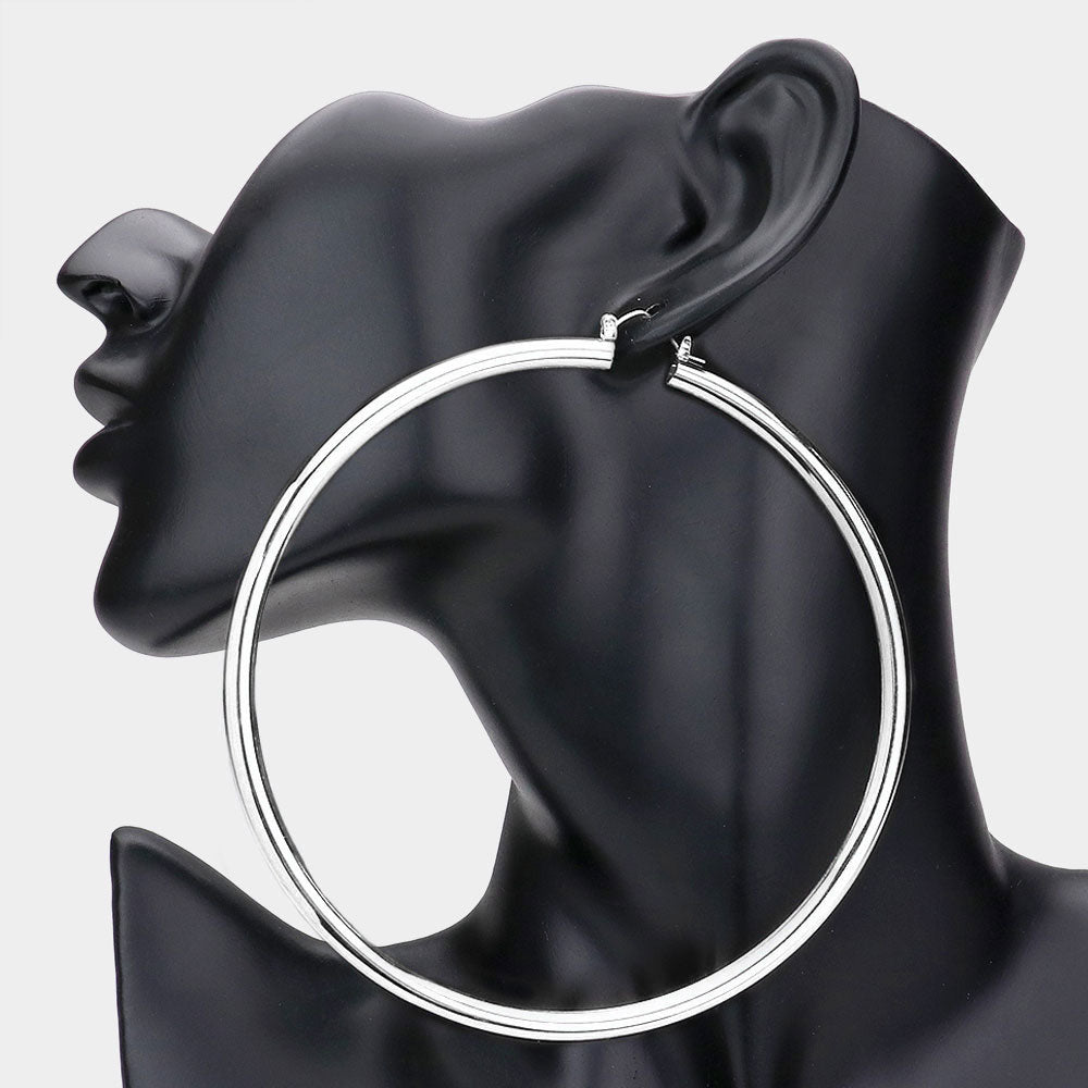 14K White Gold Filled Oversized Silver Metal Hoop Earrings Pin Catch | 4.25"