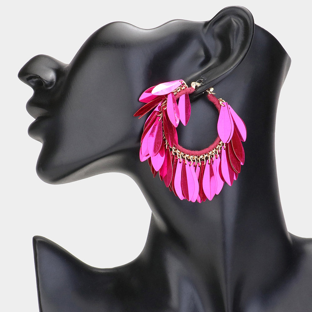 Fuchsia Sequin Fringe Hoop Fun Fashion Earrings | 2.5"