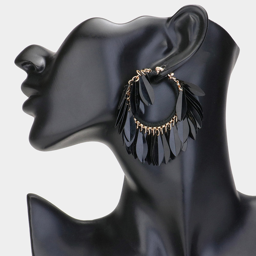 Black Sequin Fringe Hoop Fun Fashion Earrings | 2.5"