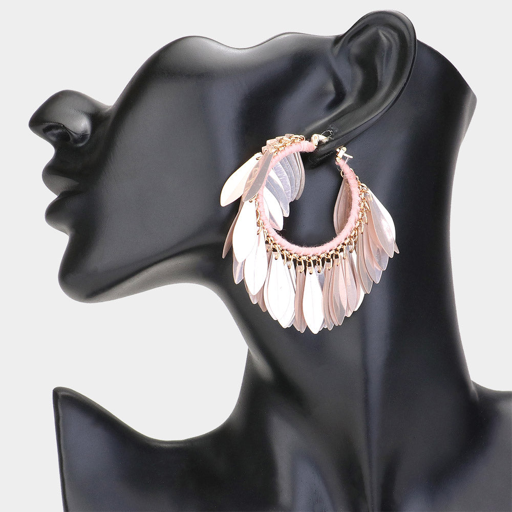 Pink Sequin Fringe Hoop Fun Fashion Earrings, 2.5