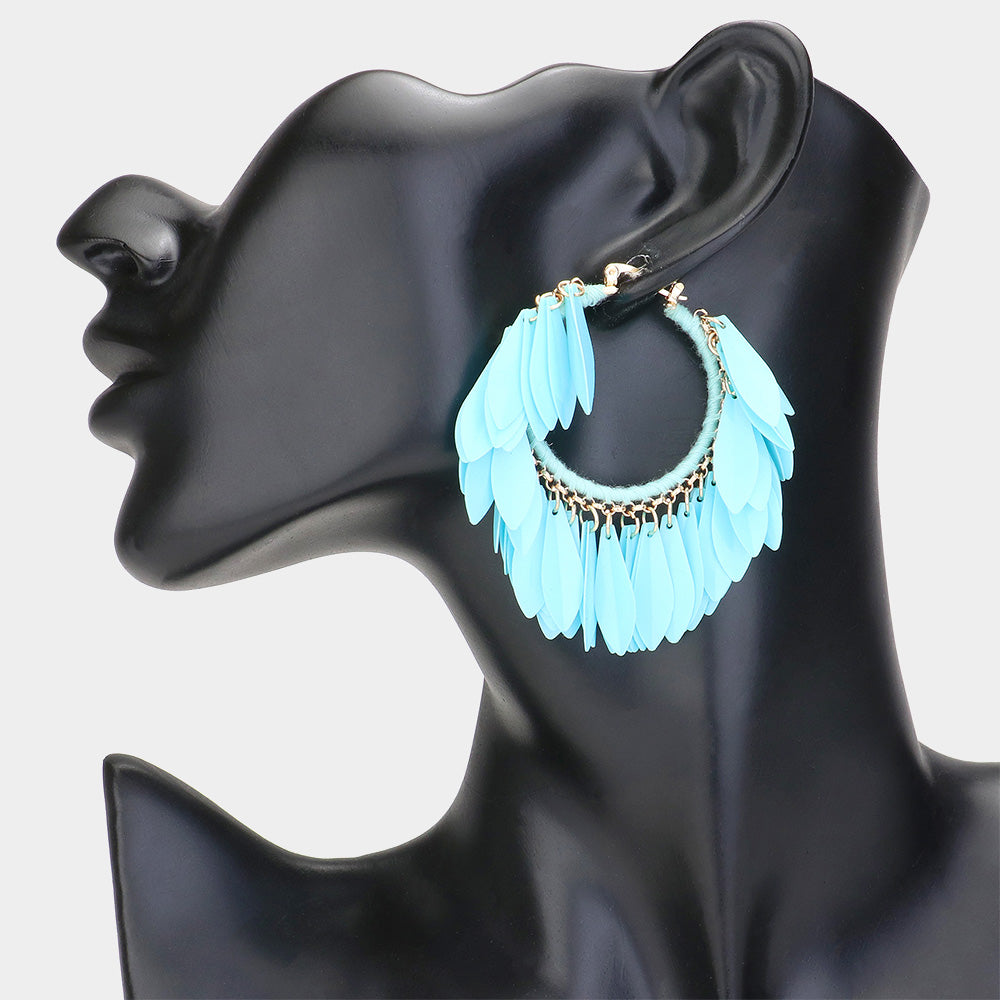 Turquoise Sequin Fringe Hoop Fun Fashion Earrings | 2.5"