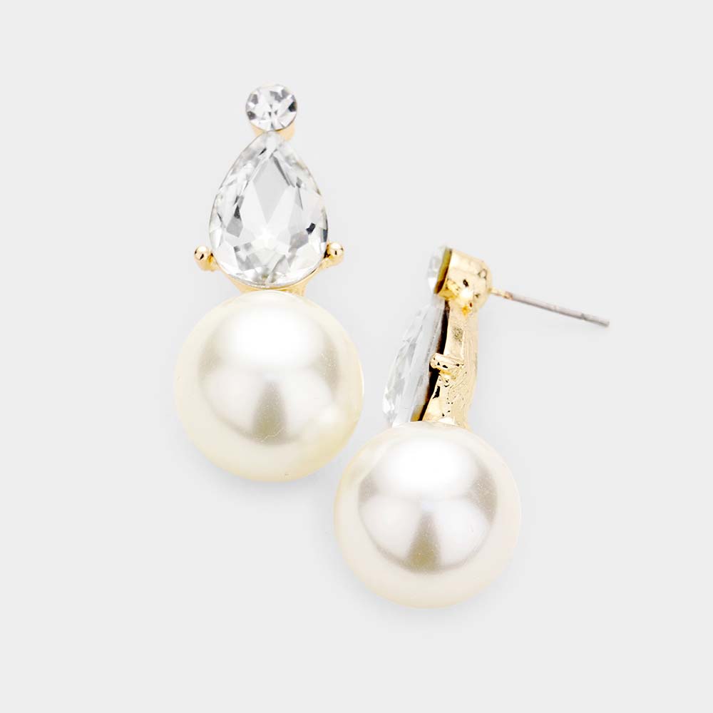 Cream Pearl Pear Shape Crystal Pageant Earrings | Bridal Earrings