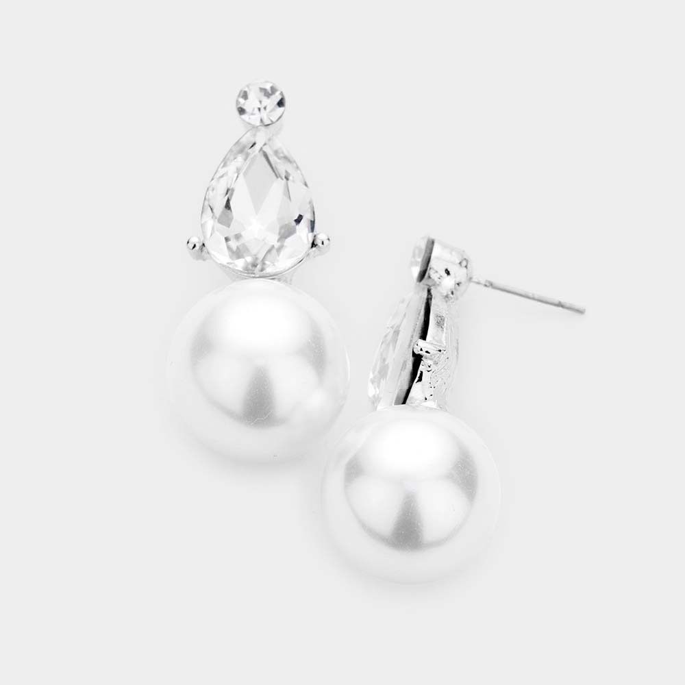 White Pearl Pear Shape Crystal Pageant Earrings | Bridal Earrings
