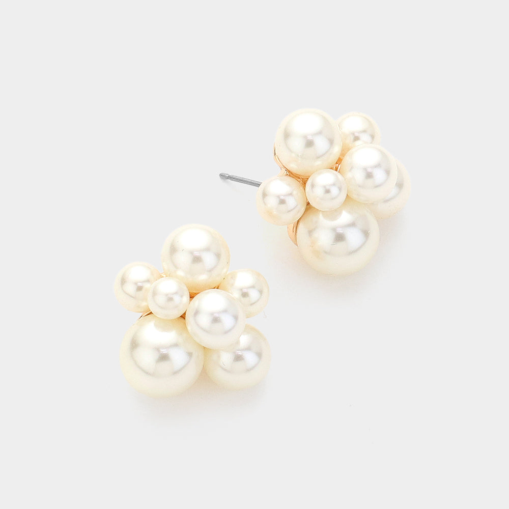 Cream Pearl Cluster Bridal Stud Earrings on Gold| Wedding Earrings