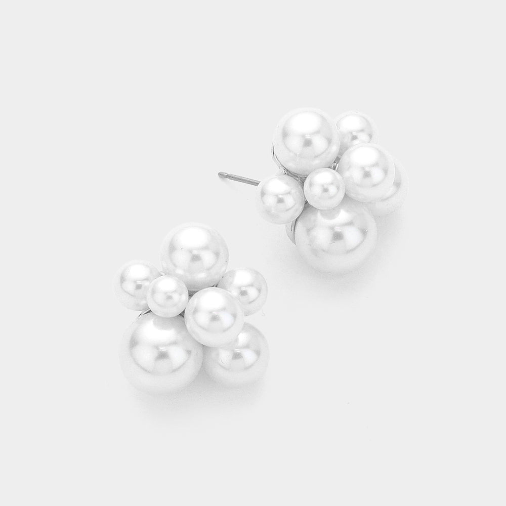 White Pearl Cluster Bridal Stud Earrings | Wedding Earrings