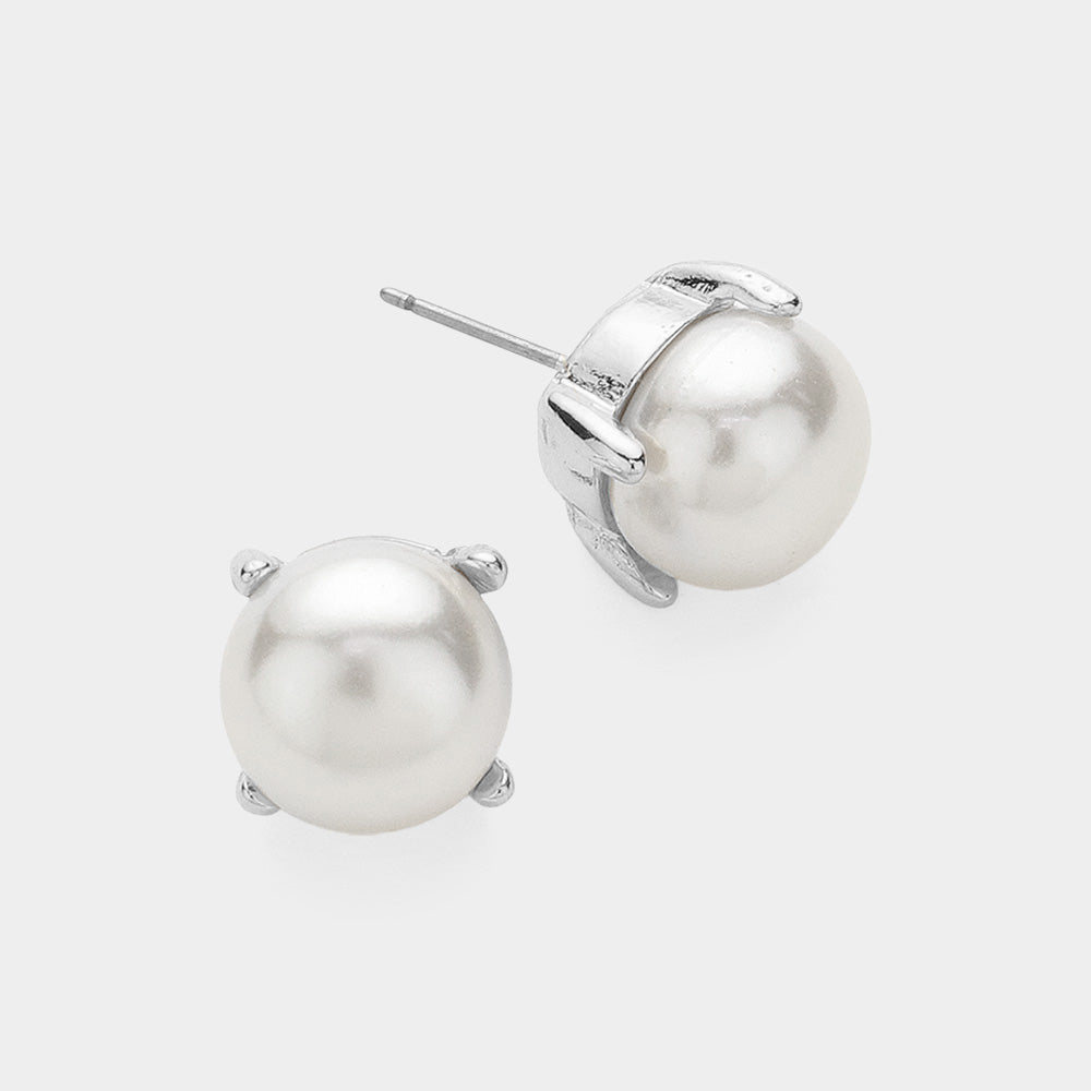 White Pearl Cushion Stud Bridal Earrings | White Pearl Wedding Earrings
