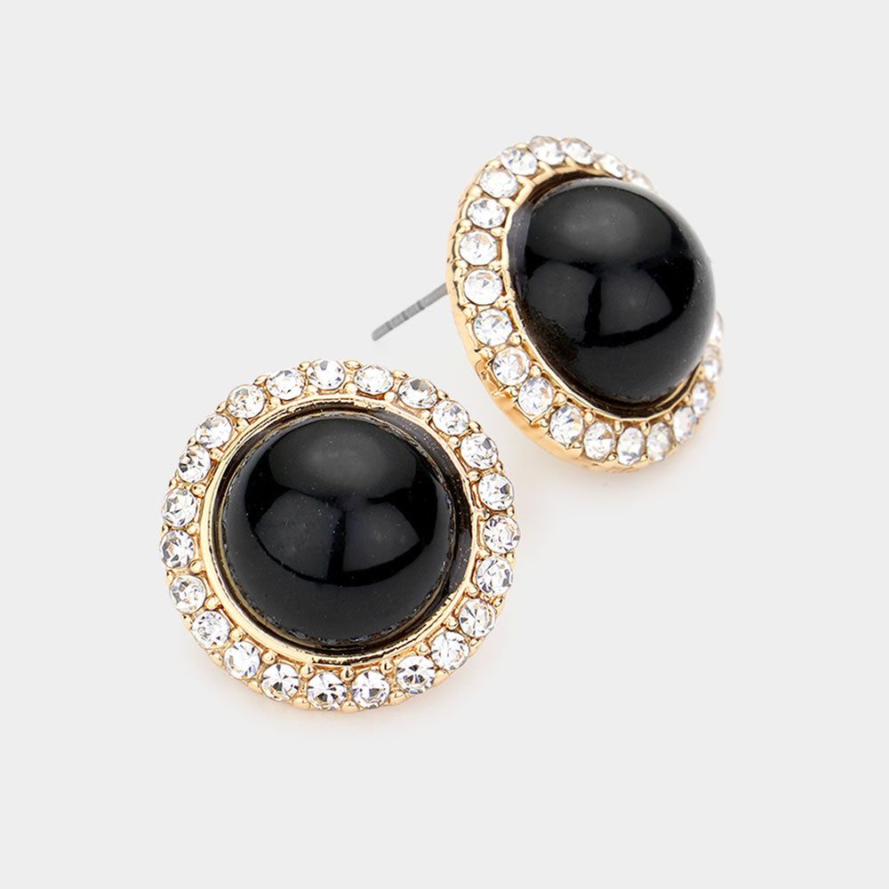 Rhinestone Trimmed Black Pearl Stud Bridal Earrings Gold 